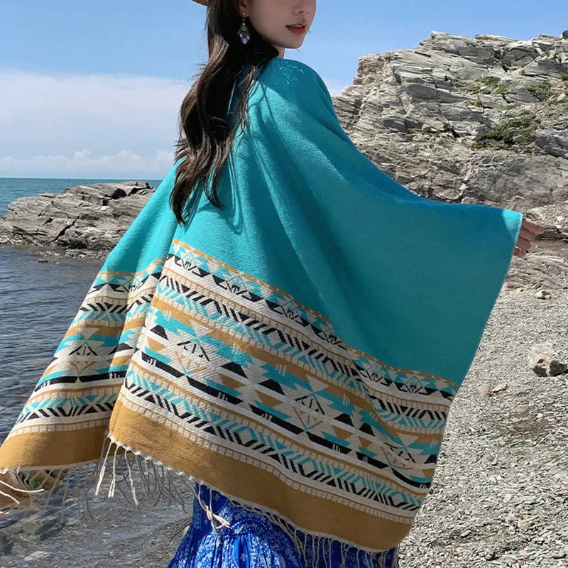 Mythstone Tibetan Geometric Rhombus Pattern Tassels Shawl Fall Winter Warm Cozy Scarf Wrap - Image 26