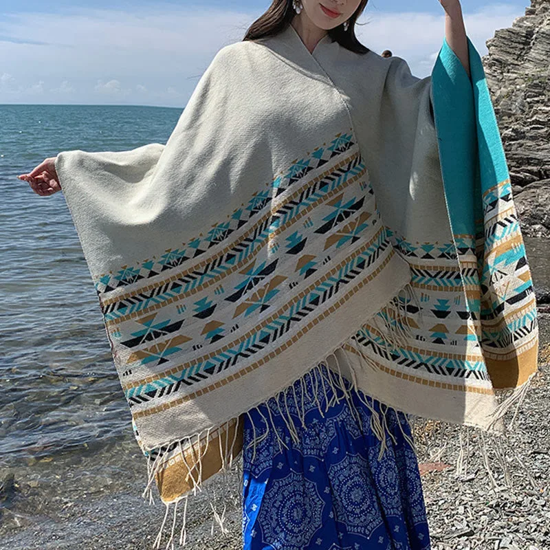 Mythstone Tibetan Geometric Rhombus Pattern Tassels Shawl Fall Winter Warm Cozy Scarf Wrap - Image 28