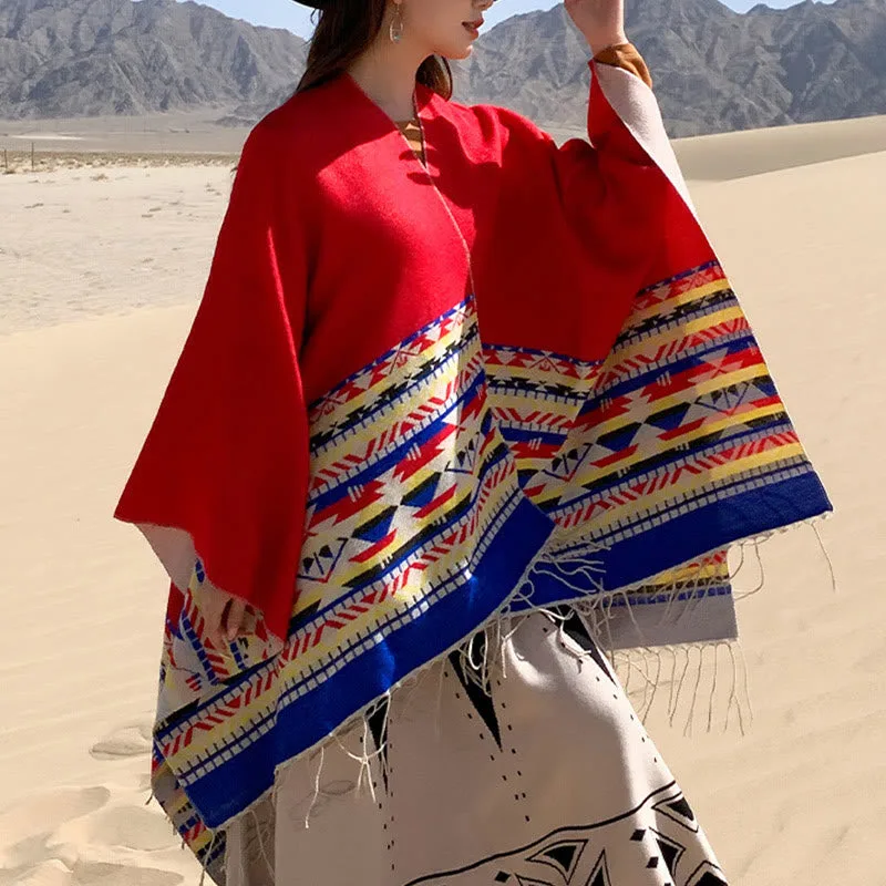 Mythstone Tibetan Geometric Rhombus Pattern Tassels Shawl Fall Winter Warm Cozy Scarf Wrap - Image 30