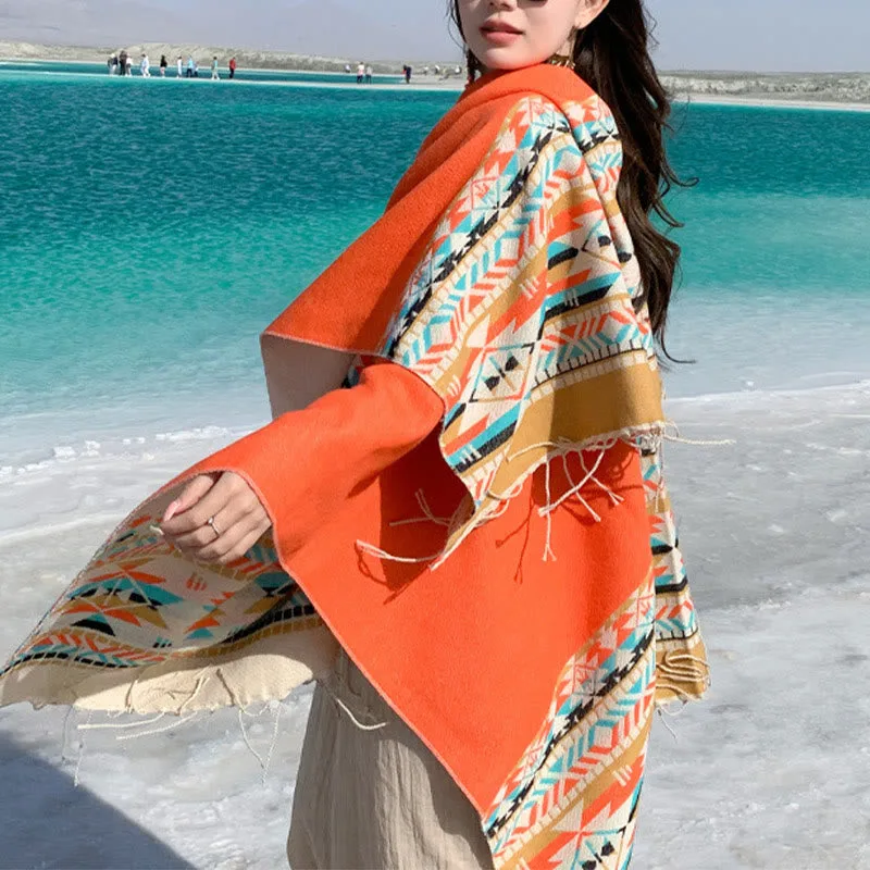 Mythstone Tibetan Geometric Rhombus Pattern Tassels Shawl Fall Winter Warm Cozy Scarf Wrap - Image 35