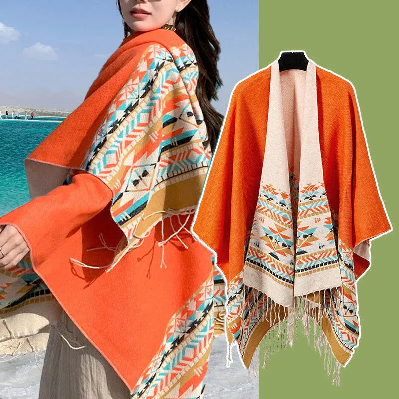 Mythstone Tibetan Geometric Rhombus Pattern Tassels Shawl Fall Winter Warm Cozy Scarf Wrap - Image 40