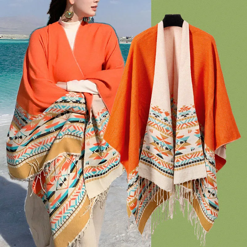 Mythstone Tibetan Geometric Rhombus Pattern Tassels Shawl Fall Winter Warm Cozy Scarf Wrap - Image 39