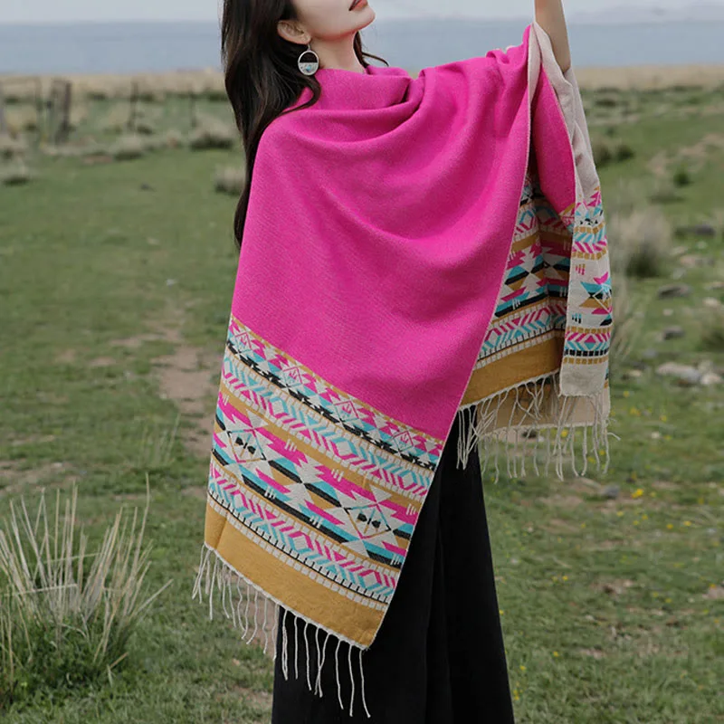 Mythstone Tibetan Geometric Rhombus Pattern Tassels Shawl Fall Winter Warm Cozy Scarf Wrap - Image 43