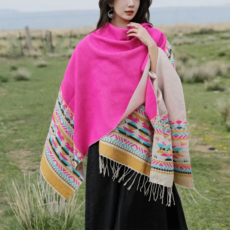 Mythstone Tibetan Geometric Rhombus Pattern Tassels Shawl Fall Winter Warm Cozy Scarf Wrap - Image 42