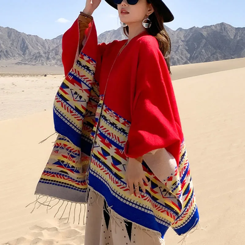 Mythstone Tibetan Geometric Rhombus Pattern Tassels Shawl Fall Winter Warm Cozy Scarf Wrap - Image 32