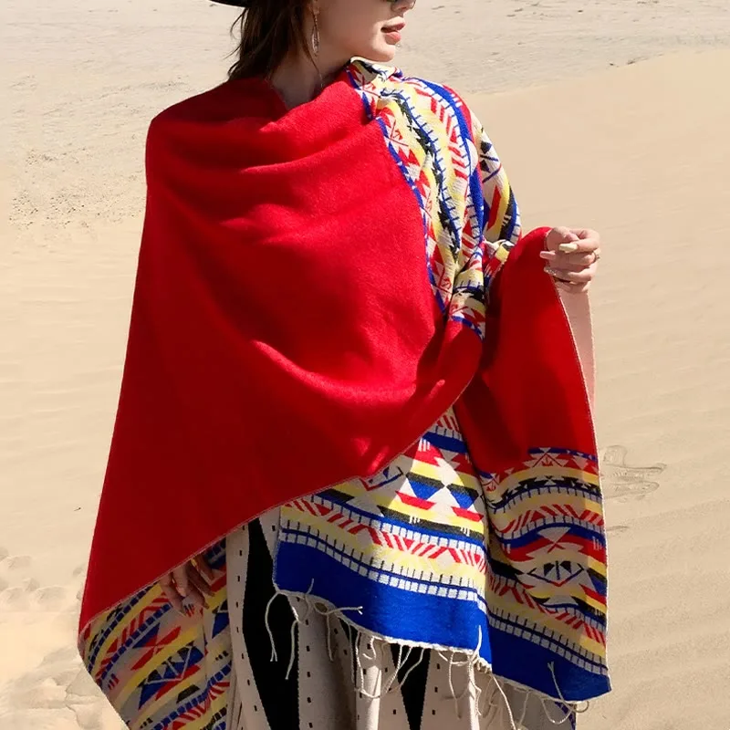 Mythstone Tibetan Geometric Rhombus Pattern Tassels Shawl Fall Winter Warm Cozy Scarf Wrap - Image 31