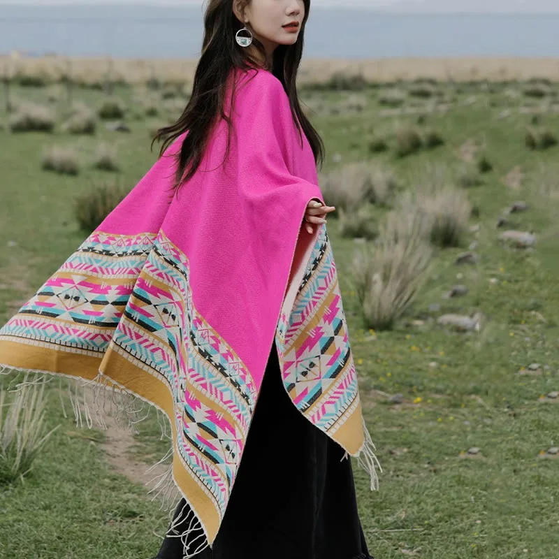 Mythstone Tibetan Geometric Rhombus Pattern Tassels Shawl Fall Winter Warm Cozy Scarf Wrap - Image 44