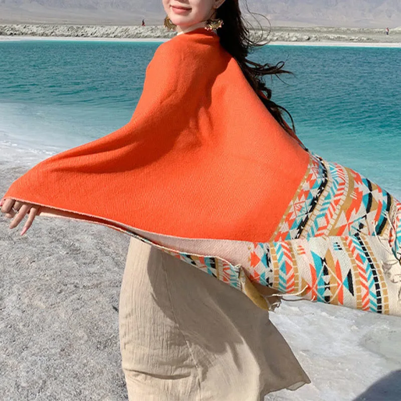 Mythstone Tibetan Geometric Rhombus Pattern Tassels Shawl Fall Winter Warm Cozy Scarf Wrap - Image 36