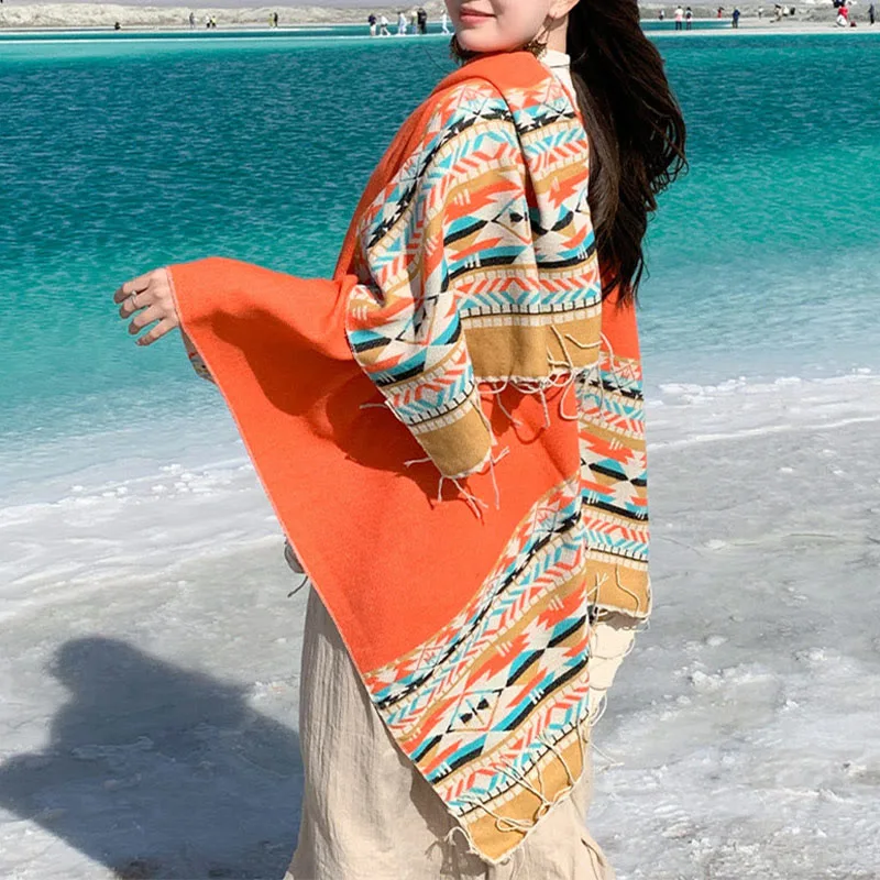 Mythstone Tibetan Geometric Rhombus Pattern Tassels Shawl Fall Winter Warm Cozy Scarf Wrap - Image 38