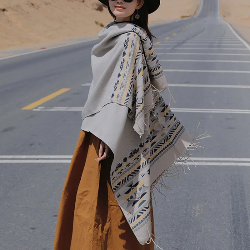 Mythstone Tibetan Geometric Rhombus Pattern Tassels Shawl Fall Winter Warm Cozy Scarf Wrap - Image 18