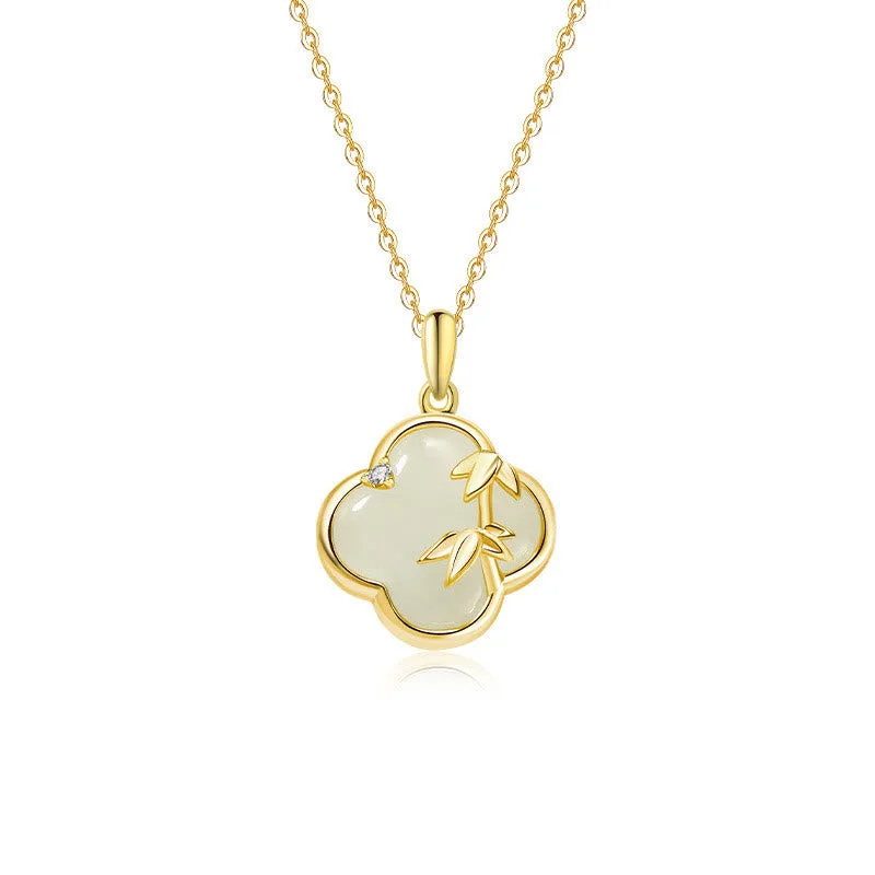 Mythstone Hetian Jade 925 Sterling Silver Four Leaf Clover Bamboo Growth Necklace Pendant - Image 4