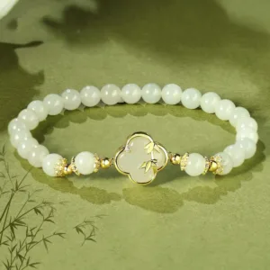 Mythstone Hetian Jade 925 Sterling Silver Four Leaf Clover Bamboo Luck Bracelet