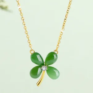 Mythstone Jade 925 Sterling Silver Four Leaf Clover Luck Necklace Pendant