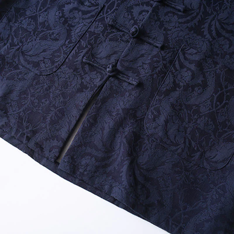 Mythstone 2Pcs Men's Tang Suit Jacquard Vine Pattern Frog-Button Cotton Long Sleeve Shirt Pants Set - Image 8