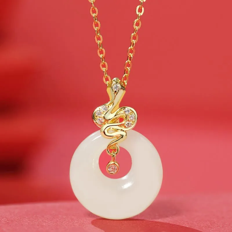 Mythstone 925 Sterling Silver Hetian Jade Year Of The Snake Peace Buckle Luck Blessing Necklace Pendant