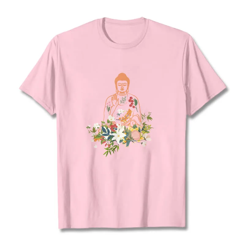 Mythstone Meditating Buddha Blooming Flowers Pattern Tee T-shirt - Image 13