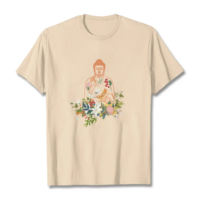 Mythstone Meditating Buddha Blooming Flowers Pattern Tee T-shirt - Image 9