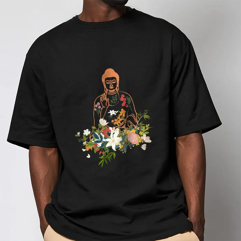 Mythstone Meditating Buddha Blooming Flowers Pattern Tee T-shirt - Image 2