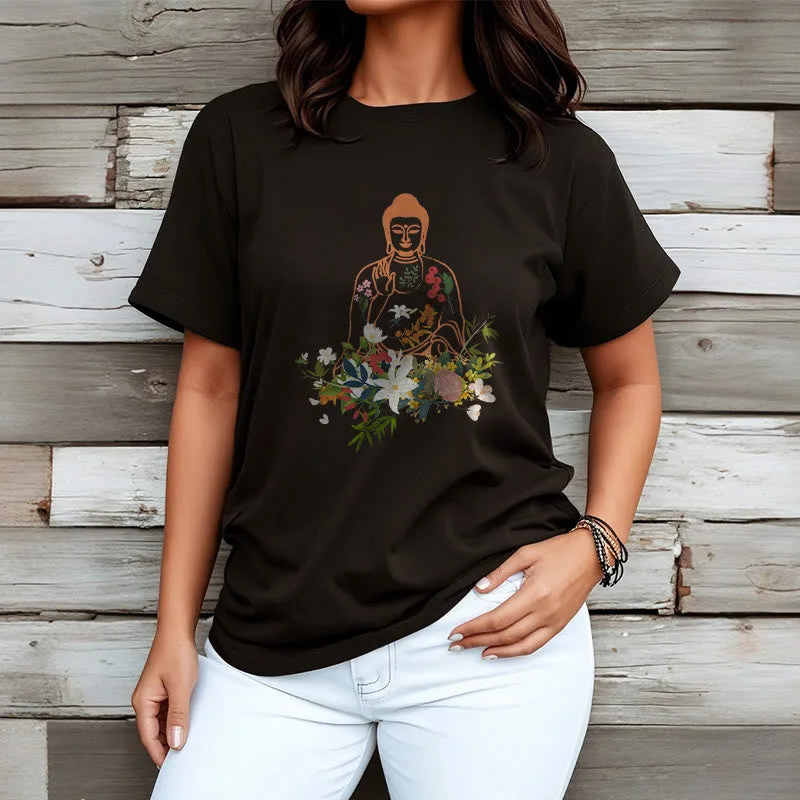 Mythstone Meditating Buddha Blooming Flowers Pattern Tee T-shirt - Image 4