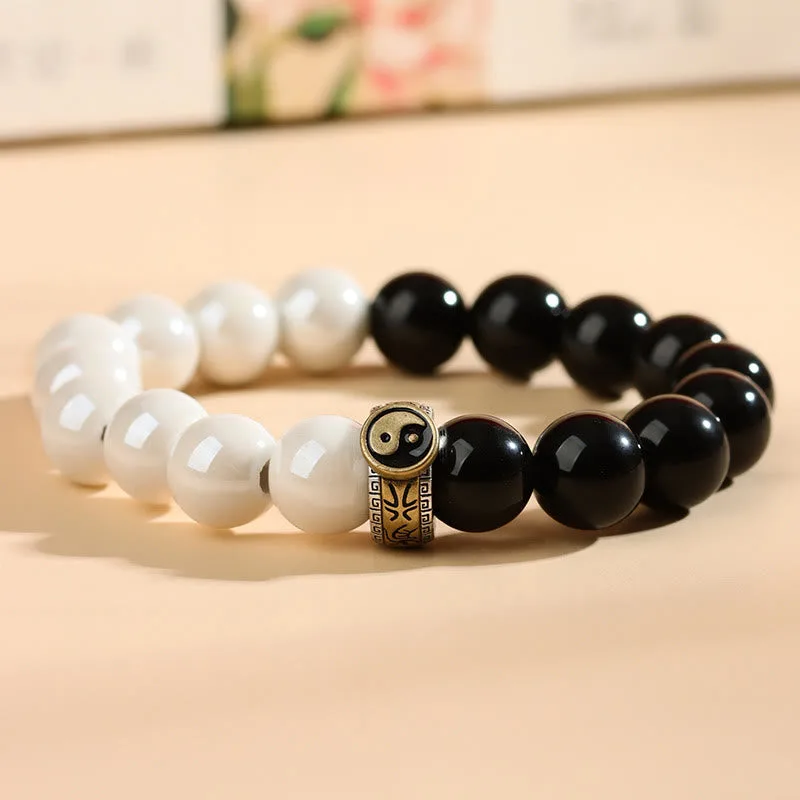 Mythstone Black Obsidian White Porcelain Beads Yin Yang Fulfilment Bracelet - Image 5