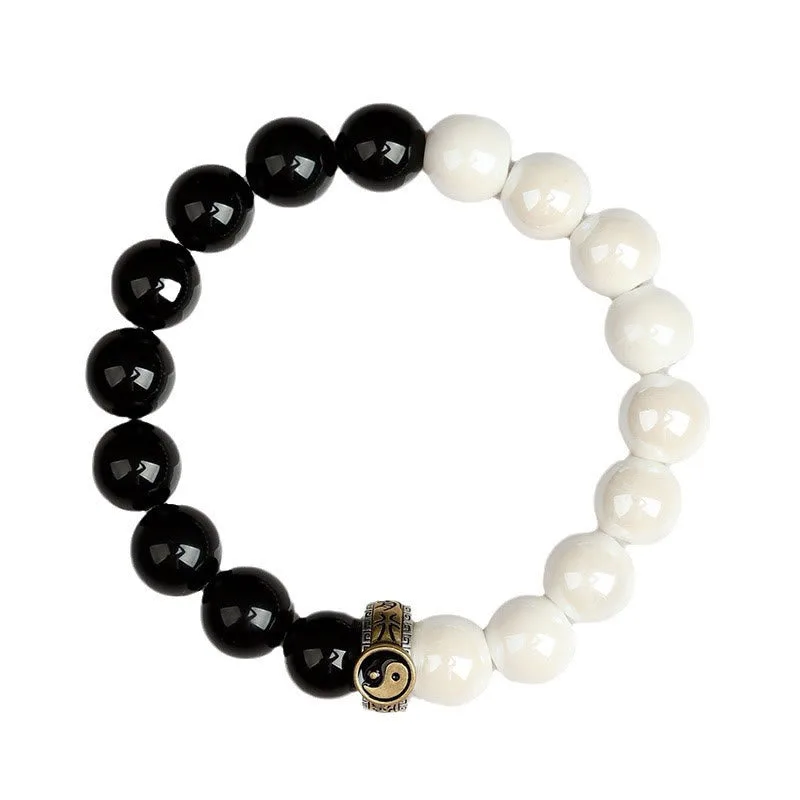 Mythstone Black Obsidian White Porcelain Beads Yin Yang Fulfilment Bracelet - Image 12