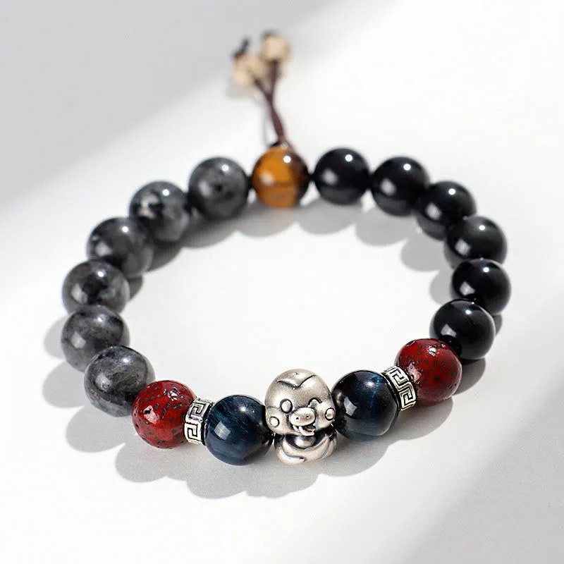 Mythstone Black Glitter Stone Black Onyx 999 Sterling Silver Fu Character Copper Coin Year Of Snake Protection Bracelet - Image 11