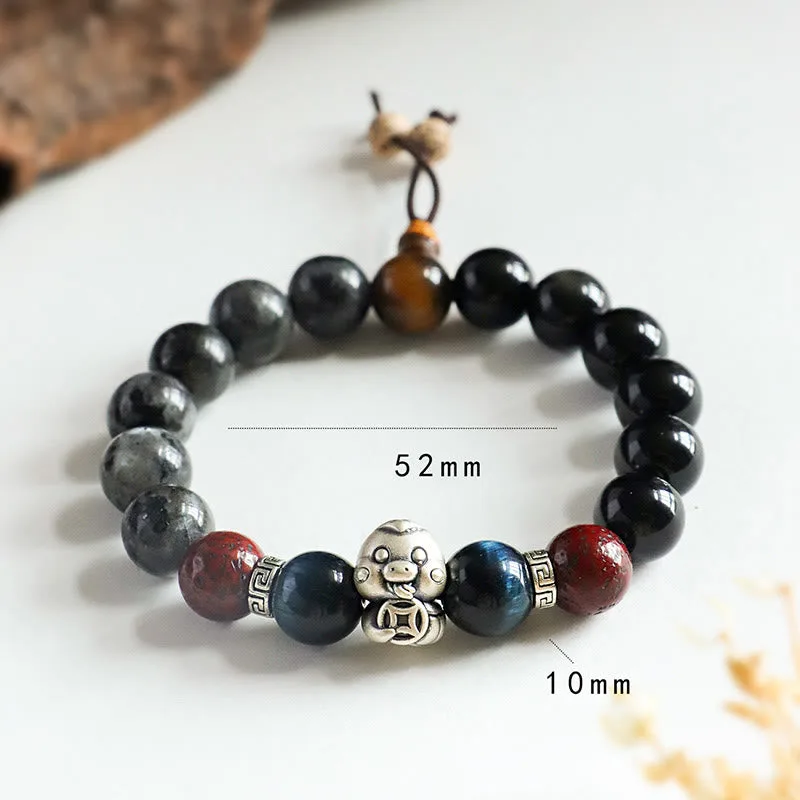 Mythstone Black Glitter Stone Black Onyx 999 Sterling Silver Fu Character Copper Coin Year Of Snake Protection Bracelet - Image 16