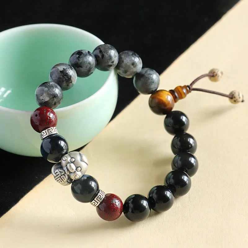 Mythstone Black Glitter Stone Black Onyx 999 Sterling Silver Fu Character Copper Coin Year Of Snake Protection Bracelet - Image 3