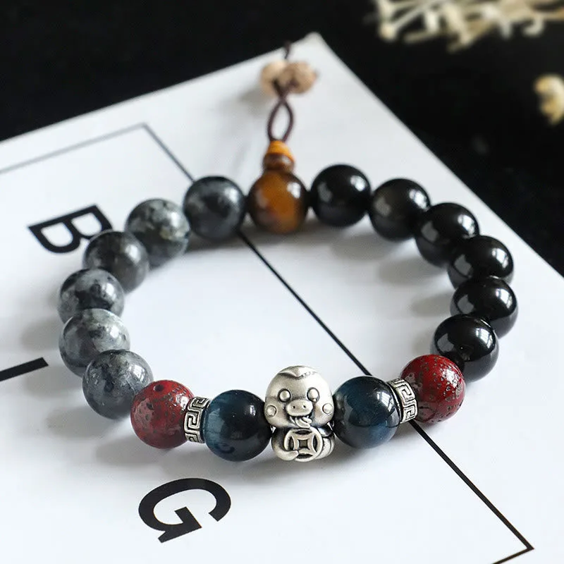 Mythstone Black Glitter Stone Black Onyx 999 Sterling Silver Fu Character Copper Coin Year Of Snake Protection Bracelet - Image 14
