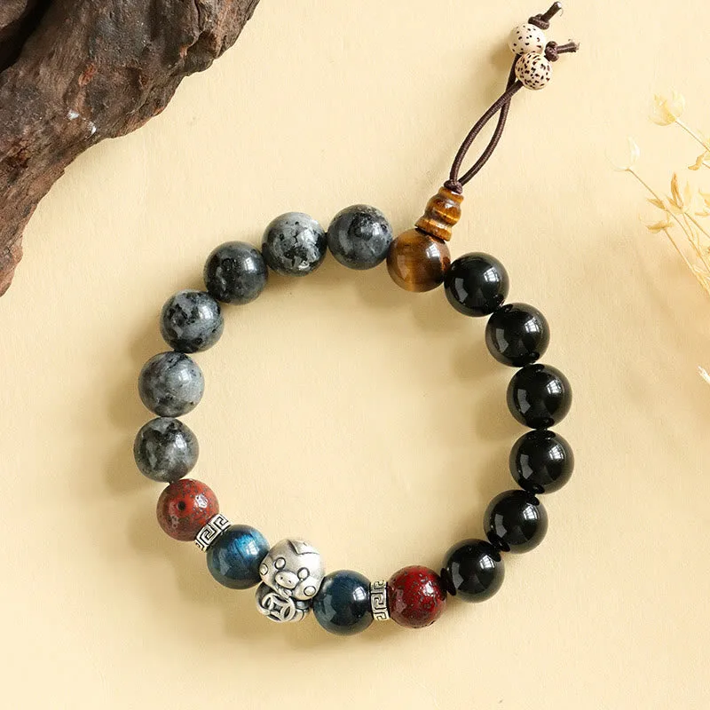 Mythstone Black Glitter Stone Black Onyx 999 Sterling Silver Fu Character Copper Coin Year Of Snake Protection Bracelet - Image 13