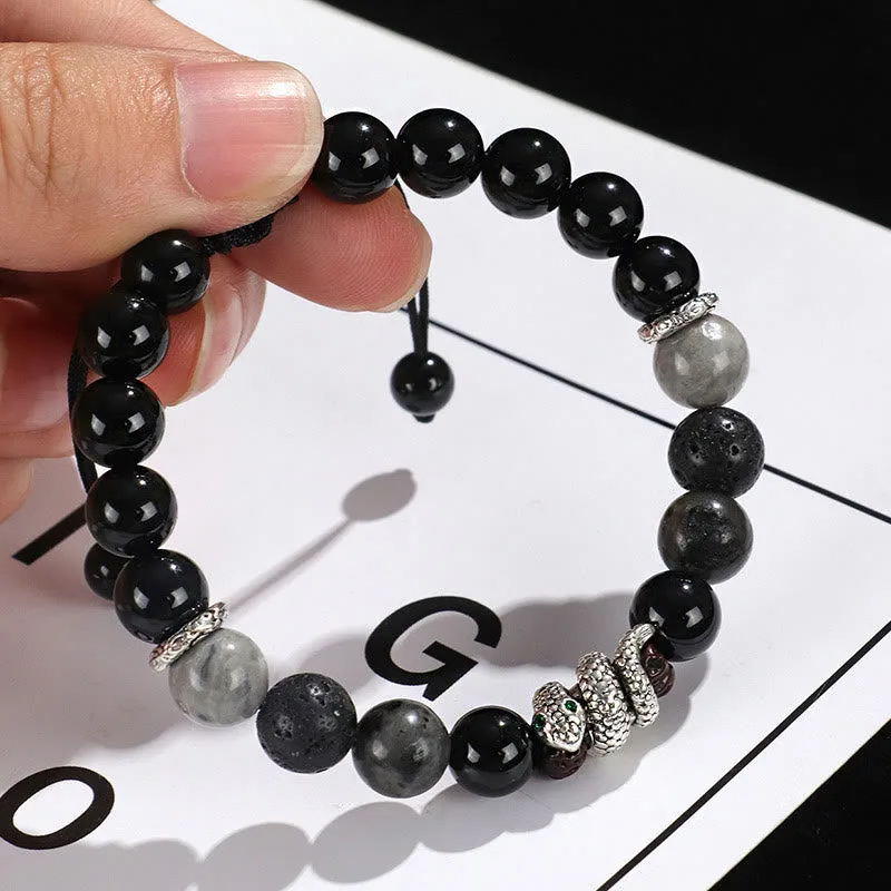 Mythstone Black Onyx Black Glitter Stone White Agate White Turquoise Year Of The Snake Protection Bracelet - Image 3