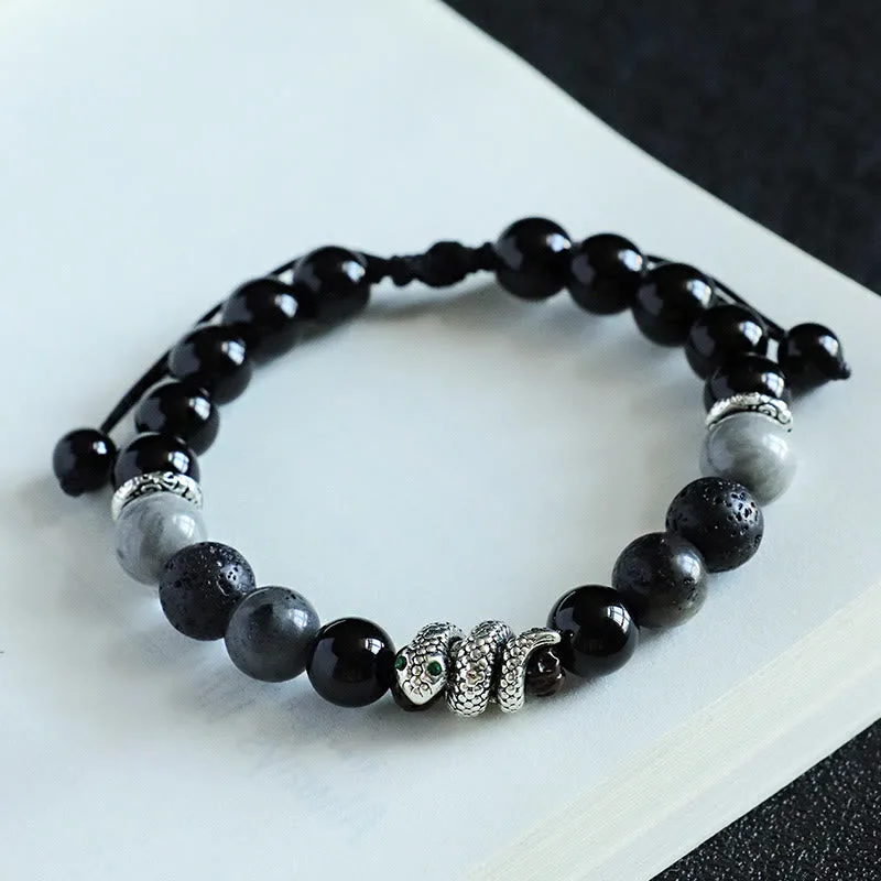Mythstone Black Onyx Black Glitter Stone White Agate White Turquoise Year Of The Snake Protection Bracelet - Image 4