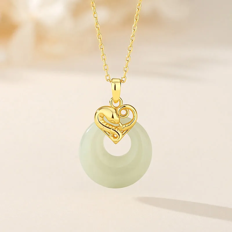 Mythstone 925 Sterling Silver Heart Hetian Jade Chalcedony Peace Buckle Year Of The Snake Blessing Luck Necklace Pendant