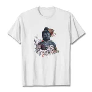 Mythstones Colorful Flowers Surrounding Buddha Pattern Tee T-shirt