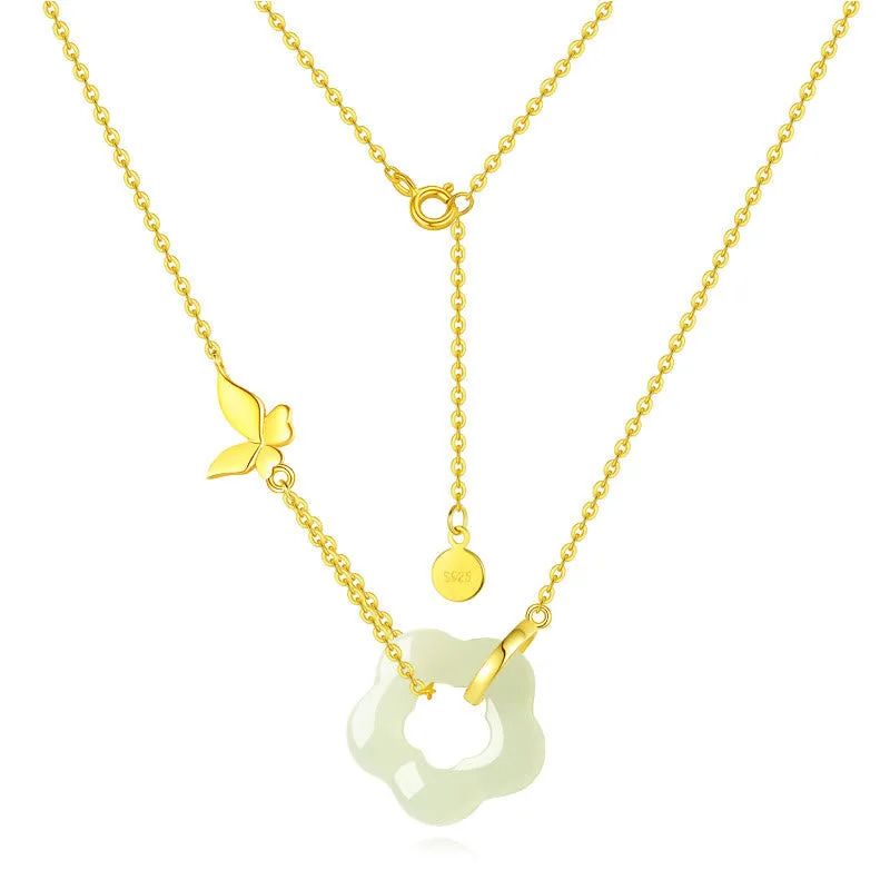 Mythstone 925 Sterling Silver Butterfly Hetian Jade Flower Blessing Necklace Pendant - Image 3