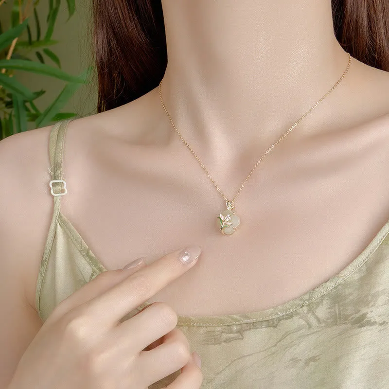 Mythstone 925 Sterling Silver Magnolia Butterfly Hetian Jade Four Leaf Clover Blessing Earrings Necklace Pendant - Image 4