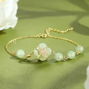 Mythstone 925 Sterling Silver Magnolia Hetian Jade Beads Four Leaf Clover Blessing Bracelet