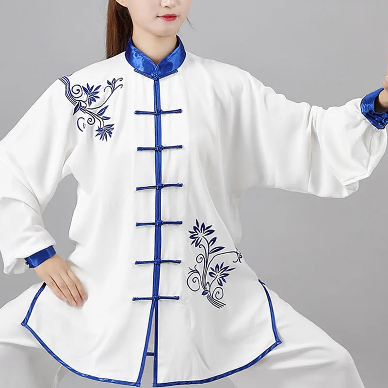 Mythstone 2Pcs Fall Blue Embroidery Flowers Frog-Button Tai Chi Meditation Qigong Zen Practice Unisex Cotton Clothing Set - Image 4