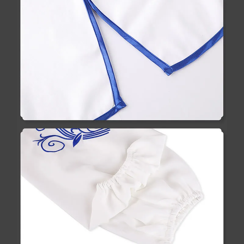 Mythstone 2Pcs Fall Blue Embroidery Flowers Frog-Button Tai Chi Meditation Qigong Zen Practice Unisex Cotton Clothing Set - Image 10