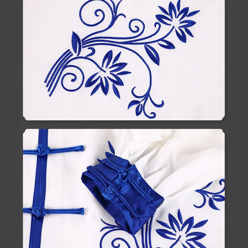 Mythstone 2Pcs Fall Blue Embroidery Flowers Frog-Button Tai Chi Meditation Qigong Zen Practice Unisex Cotton Clothing Set - Image 9