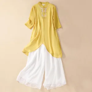 Mythstone Women's Flower Embroidery Frog-Button Shirt Dress Wide Leg Pants