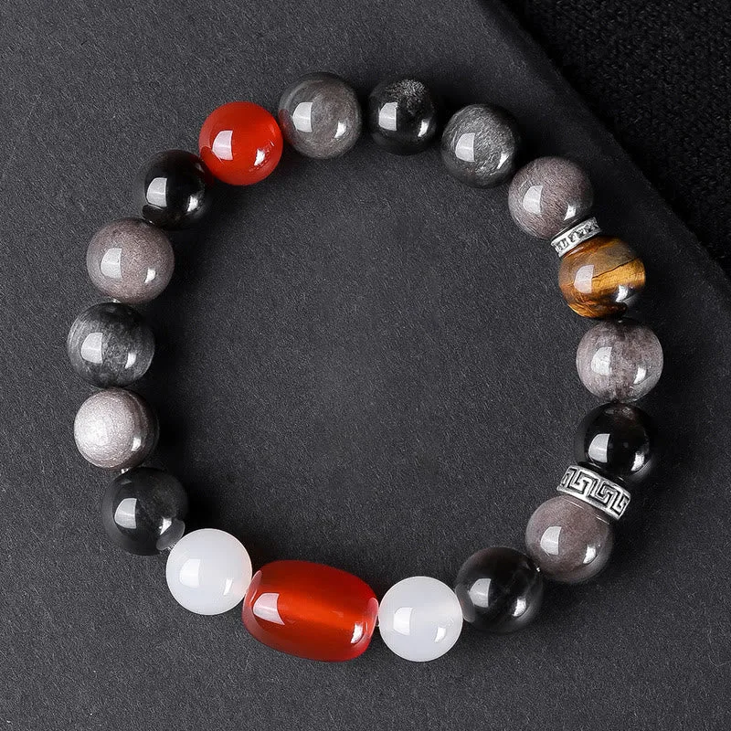 Mythstone Natural Silver Sheen Obsidian Tiger's Eye Six True Words 'om Mani Padme Hum' Strength Bracelet - Image 18