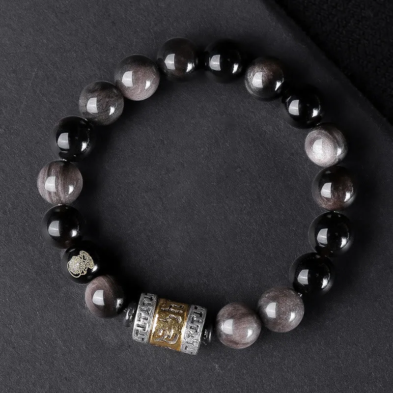 Mythstone Natural Silver Sheen Obsidian Tiger's Eye Six True Words 'om Mani Padme Hum' Strength Bracelet - Image 19