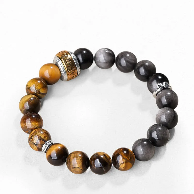 Mythstone Natural Silver Sheen Obsidian Tiger's Eye Six True Words 'om Mani Padme Hum' Strength Bracelet - Image 5