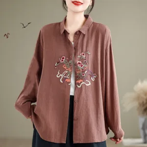 Mythstone Flower Embroidery Long Sleeve Cotton Linen Women's Shirts