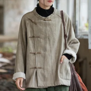 Mythstone Solid Color Frog-button Thermal Long Sleeve Ramie Linen Women's Shirt