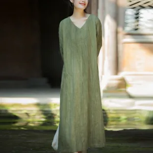 Mythstone Solid Color Chinese V-neck Long Sleeve Ramie Linen Midi Dress