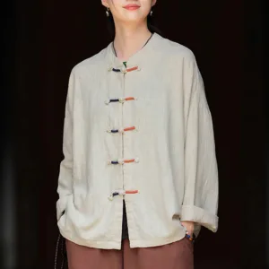 Mythstone Solid Color Two-color Frog-button Long Sleeve Ramie Linen Women's Shirt