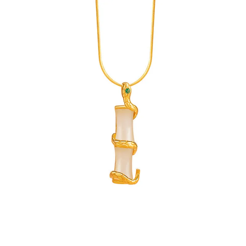 Mythstone Hetian Jade 925 Sterling Silver Year of the Snake Bamboo Growth Necklace Pendant - Image 11