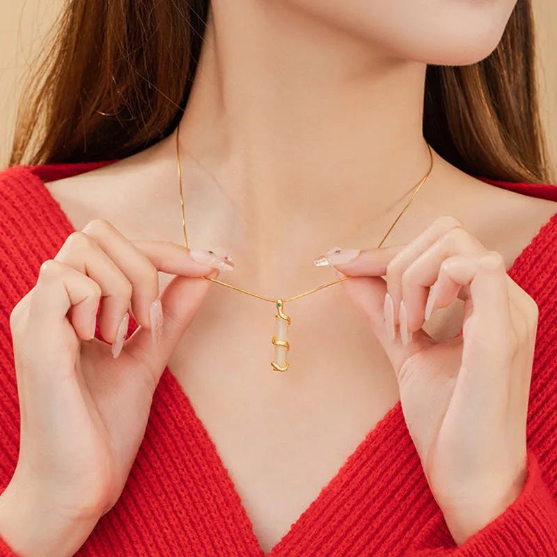 Mythstone Hetian Jade 925 Sterling Silver Year of the Snake Bamboo Growth Necklace Pendant - Image 10